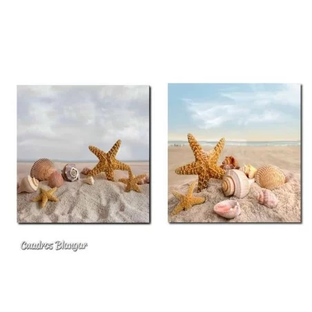 Dos bonitos cuadros para baños con estrellas de mar y caracolas en la arena de la playa, geniales para tu cuarto de baño.